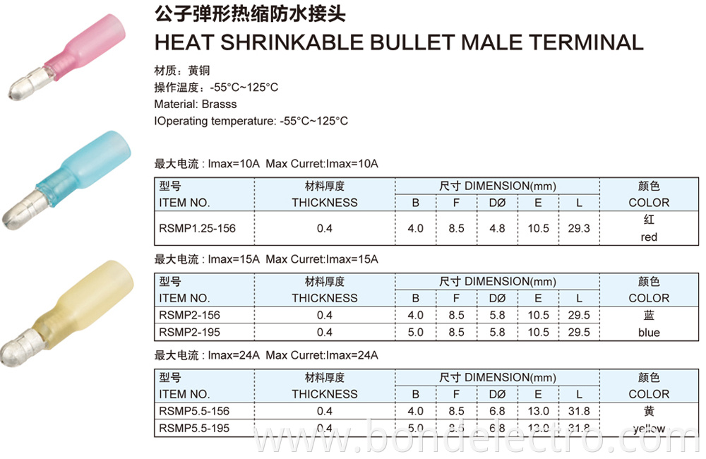 Heat Shrinkable Bullet Male Terminals Parameter